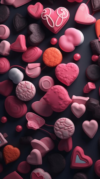 A collection of pink and orange heart shaped chocolates are scattered on a dark background.