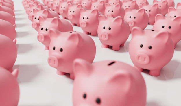 A collection of pink piggy bank money boxes Finance and saving concept 3D Rendering