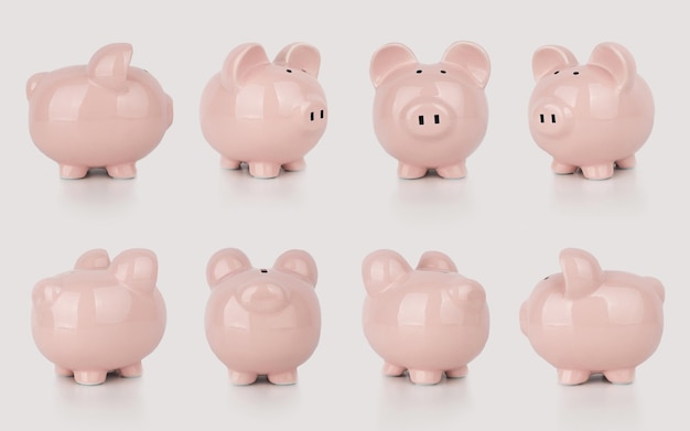 Collection of pink piggy banks on a white background