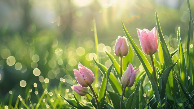 Collection of pink tulips glistening with water droplets