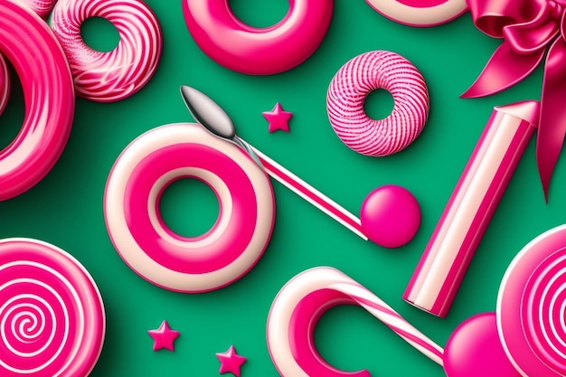 A collection of pink and white candy and a circle with a dollar sign on it.