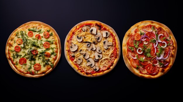 Foto collezione di pizza su sfondo nero tecnologia generativa ai