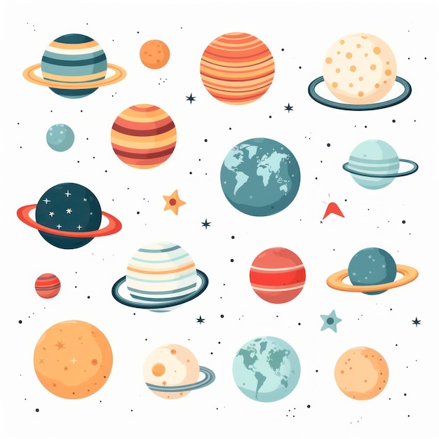 A collection of planets including planets, planets, and stars.