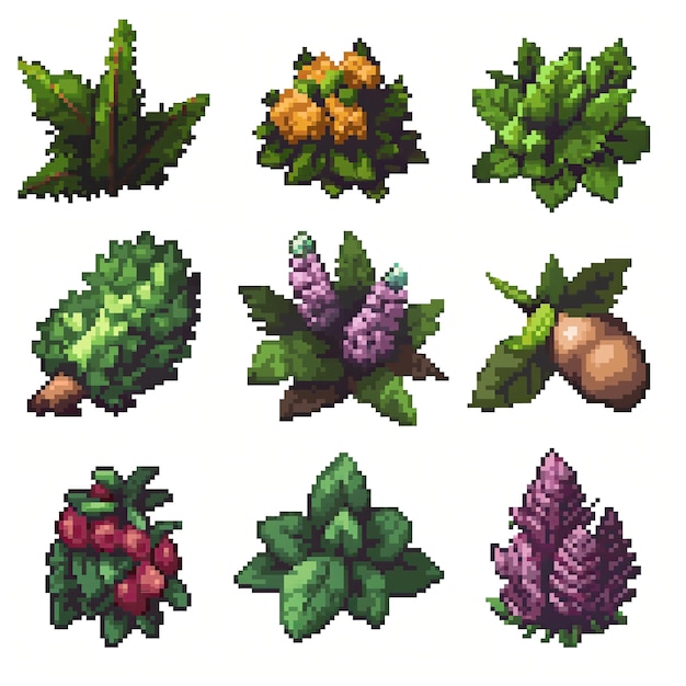 a collection of plants including one that has a purple top