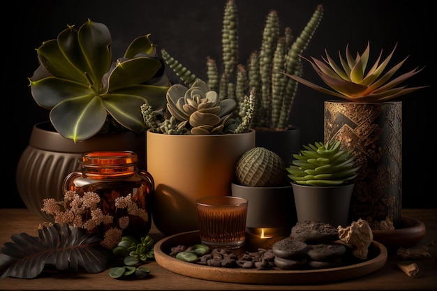 A collection of plants and a pot with a cactus on it