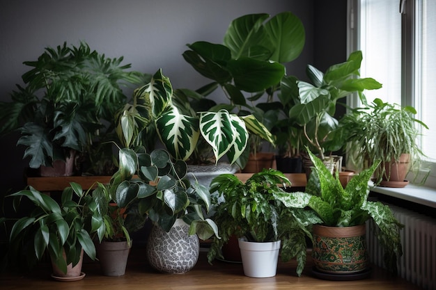 A collection of plants on a table with one of them showing the leaves of the plant.