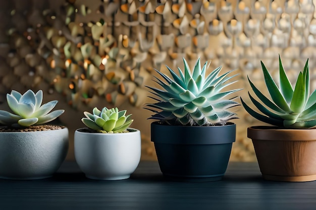 a collection of plants and a wall with a gold background.