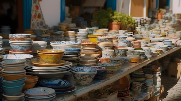 A collection of plates and bowls are on display in a market.