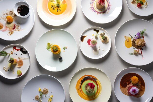 Foto una collezione di piatti ognuno dei quali mostra una diversa creazione culinaria creata con l'ia generativa
