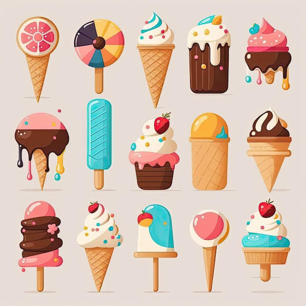 Коллекция игривых и ярких иллюстраций, демонстрирующих различные вкусы и начинки для мороженого.