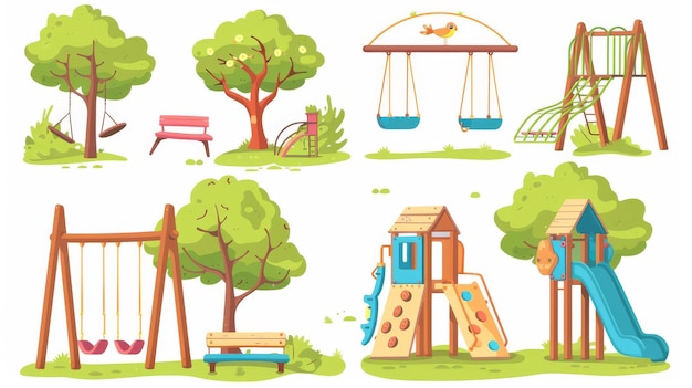 Collection of playground park swings and slides Cartoon modern illustration set of equipment for public city kids gardens or kindergartens An outdoor playground set for children to entertain