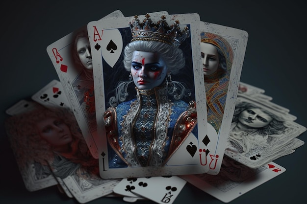 A collection of playing cards with the queen of hearts on them.