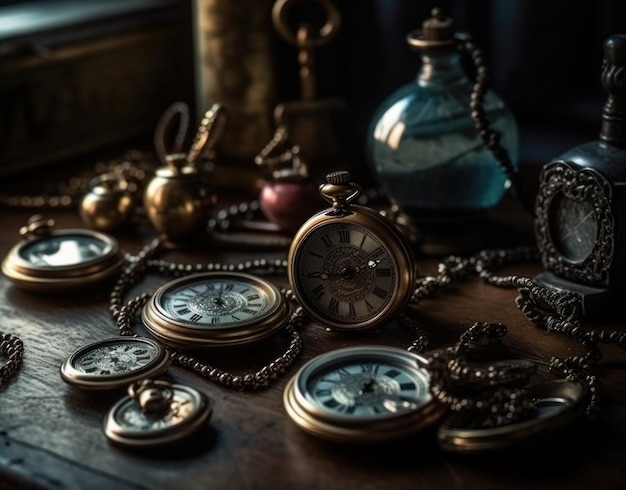 A collection of pocket watches are on a table with a bottle of perfume.