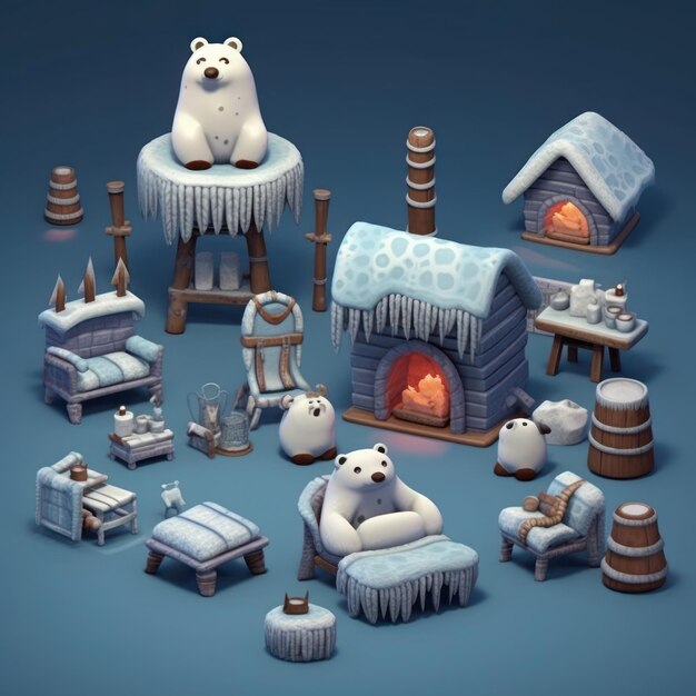 A collection of polar bears and a fireplace with icicles.