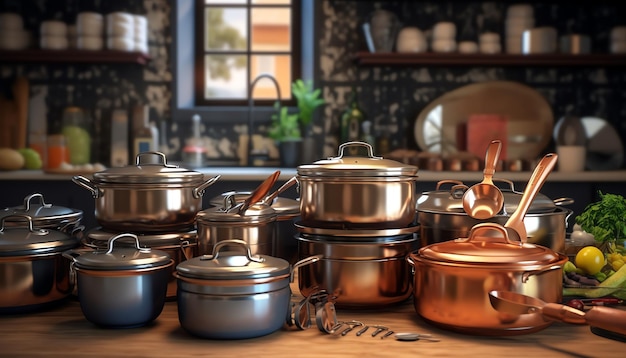 A collection of pots and pans on a kitchen counter.