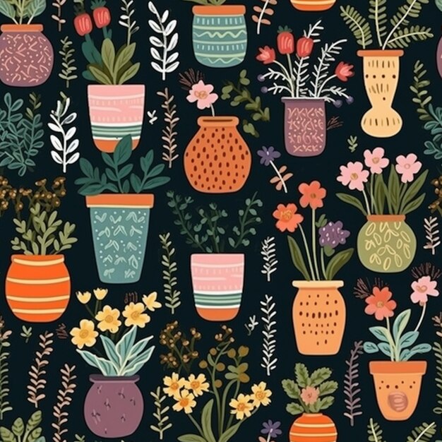 A collection of pots with flowers and plants.