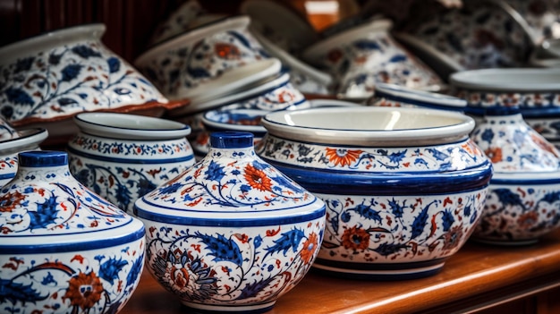 A collection of pottery on display in a store.