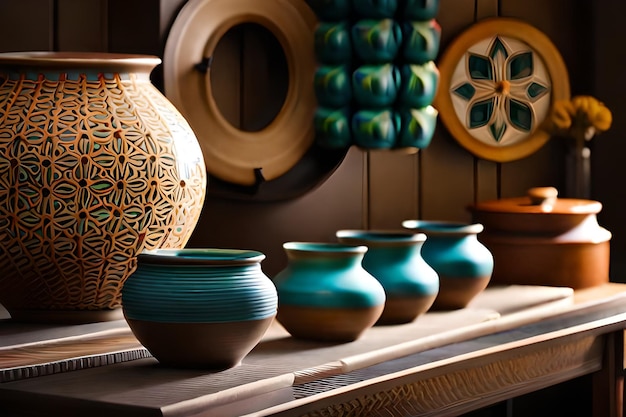коллекция керамики на полке с зеленым и золотым дизайном.