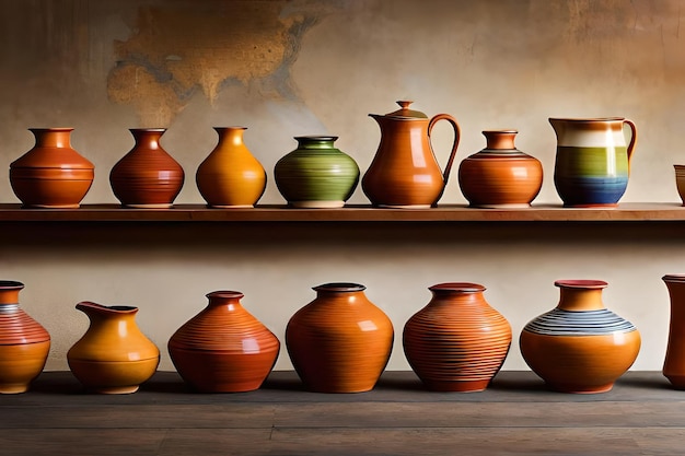 a collection of pottery on a shelf with a wall behind it