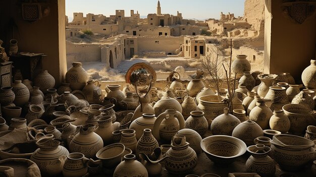 a collection of pottery with a large number of numbers on the top