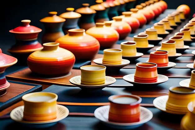 a collection of pottery with a red and yellow top.