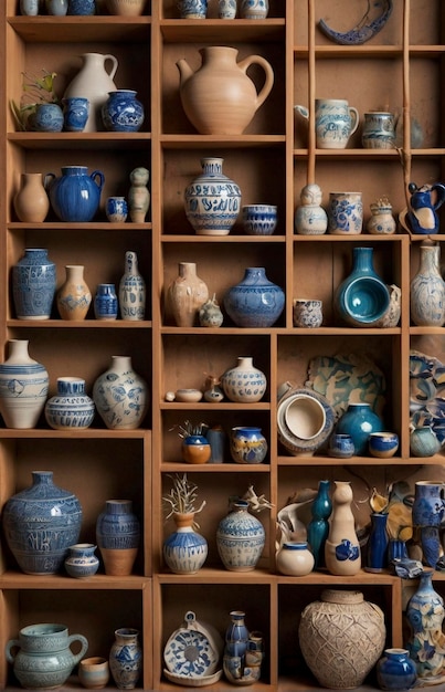 a collection of pottery