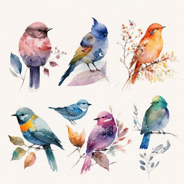 Photo collection of pretty delicate watercolor birds each bird is a different type generative ai