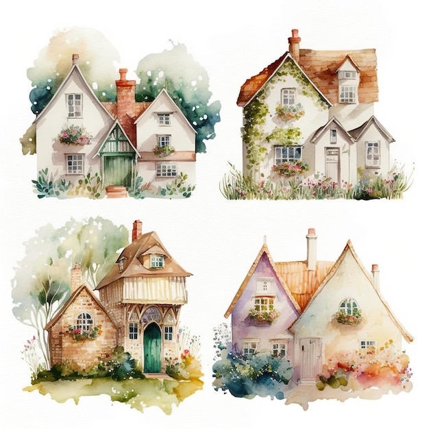 Collection of pretty delicate watercolor cottages Each cottage is a different type Generative AI