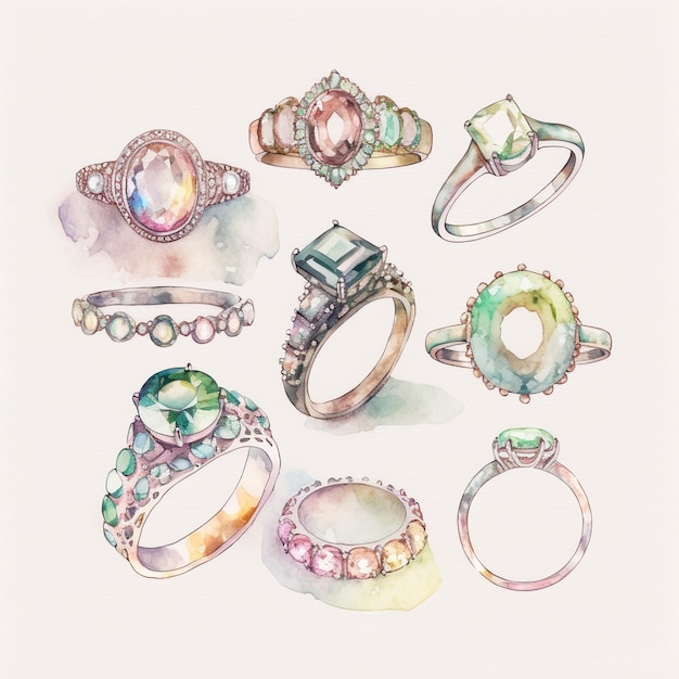 Photo collection of pretty delicate watercolor engagement rings each engagement ring is a different type generative ai