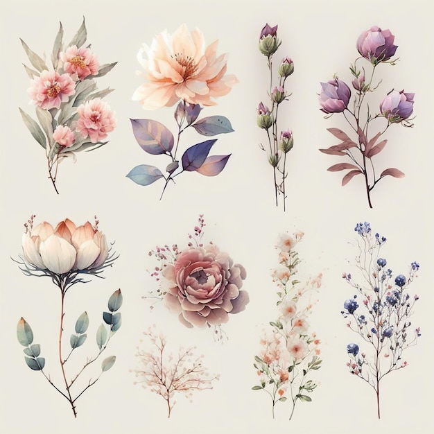 Collection of pretty delicate watercolor flowers Each flower is a different type Generative AI