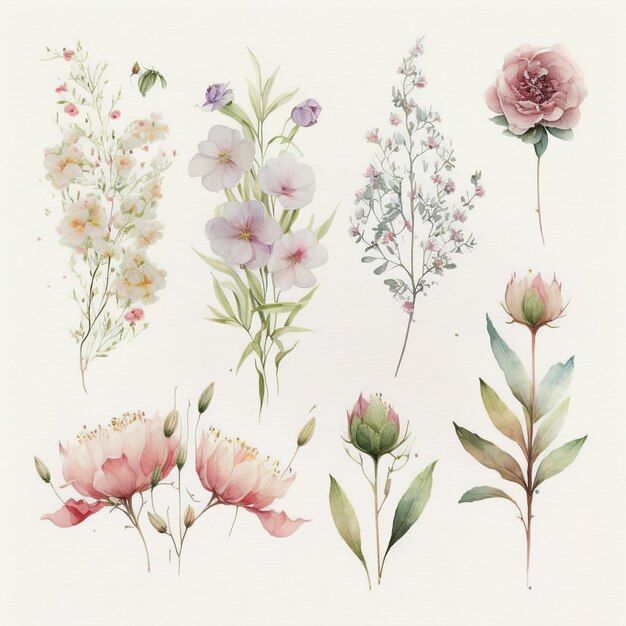 Collection of pretty delicate watercolor flowers Each flower is a different type Generative AI