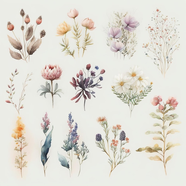 Collection of pretty delicate watercolor flowers Each flower is a different type Generative AI