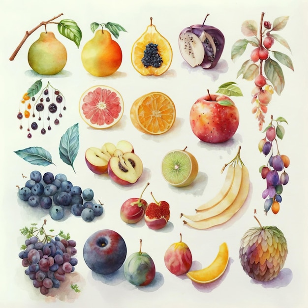 Photo collection of pretty delicate watercolor fruits each fruit is a different type generative ai