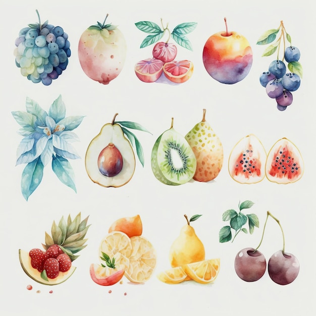 Photo collection of pretty delicate watercolor fruits each fruit is a different type generative ai