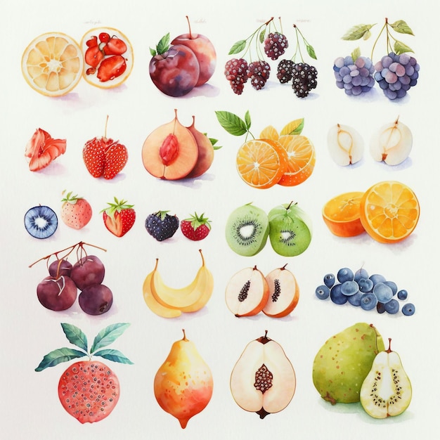 Collection of pretty delicate watercolor fruits Each fruit is a different type Generative AI