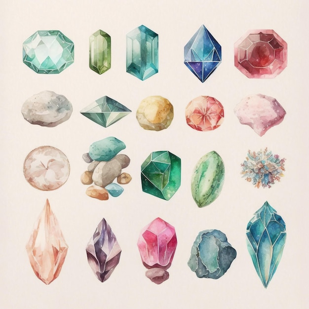 Collection of pretty delicate watercolor Gemstones Each gem is a different type Generative AI