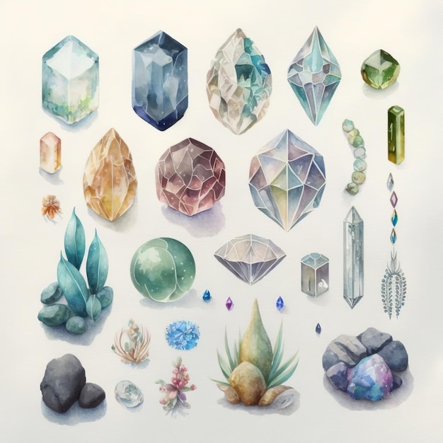 Collection of pretty delicate watercolor Gemstones Each gem is a different type Generative AI