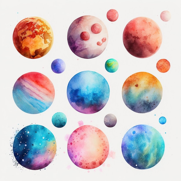 Photo collection of pretty delicate watercolor planets each planet is a different type generative ai