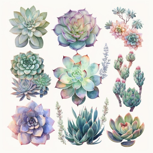 Photo collection of pretty delicate watercolor succulent plants each succulent plant is a different type generative ai