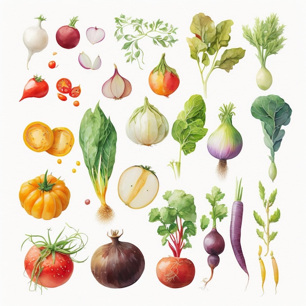 Collection of pretty delicate watercolor vegetables Each vegetable is a different type Generative AI