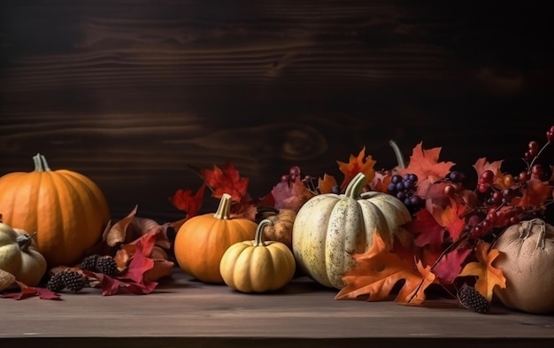 A collection of pumpkins and autumn leaves on a wooden table