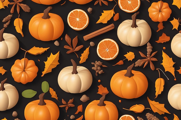 a collection of pumpkins and autumn leaves.