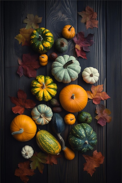 A collection of pumpkins and gourds on a dark wooden background