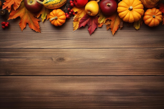 A collection of pumpkins and gourds on a wooden background.