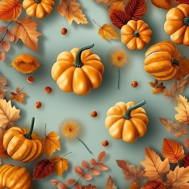 A collection of pumpkins with autumn leaves on a blue background.