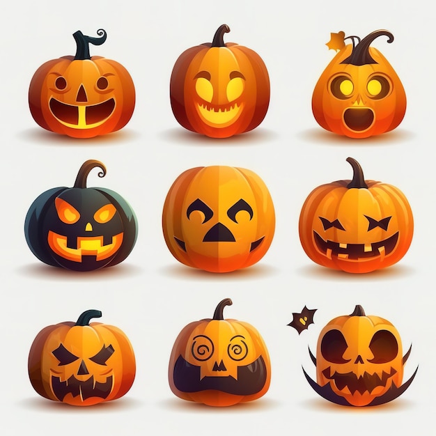 A collection of pumpkins with different faces including one that says'halloween '