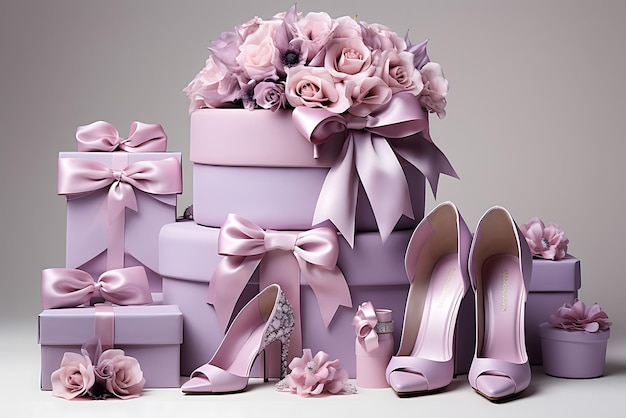 紫とピンクの花と弓の箱のコレクション