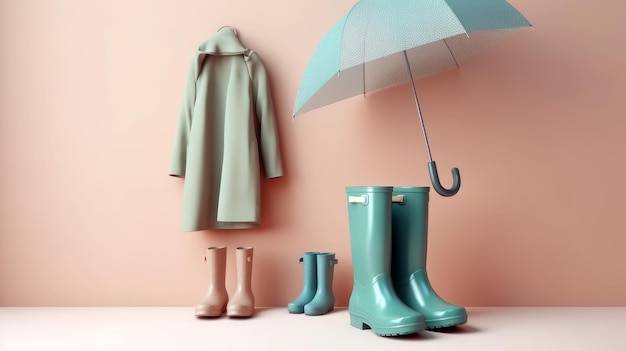 A collection of rain boots, one of which is a rain boot and one of them is a blue umbrella.