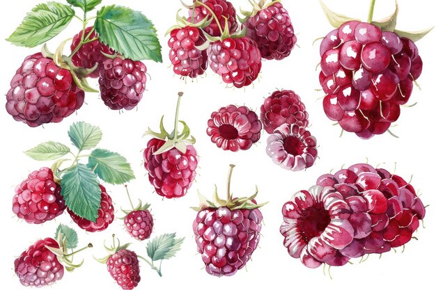 a collection of raspberries and raspberries with leaves