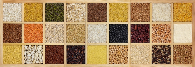 Collection of raw cereals, beans and seeds